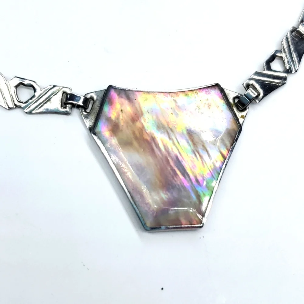 Vintage 70s Abalone Shell Silver Choker Necklace